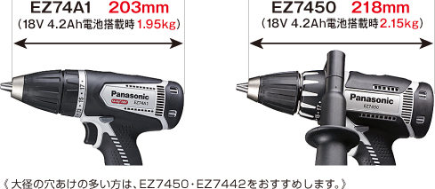 ez74a1 203毫米（1.95千克，装有18v ls电池）。 ez7450 218mm（2.15kg，装有18v ls电池）<<如果您有大孔，建议使用ez7450 / ez7442。 》